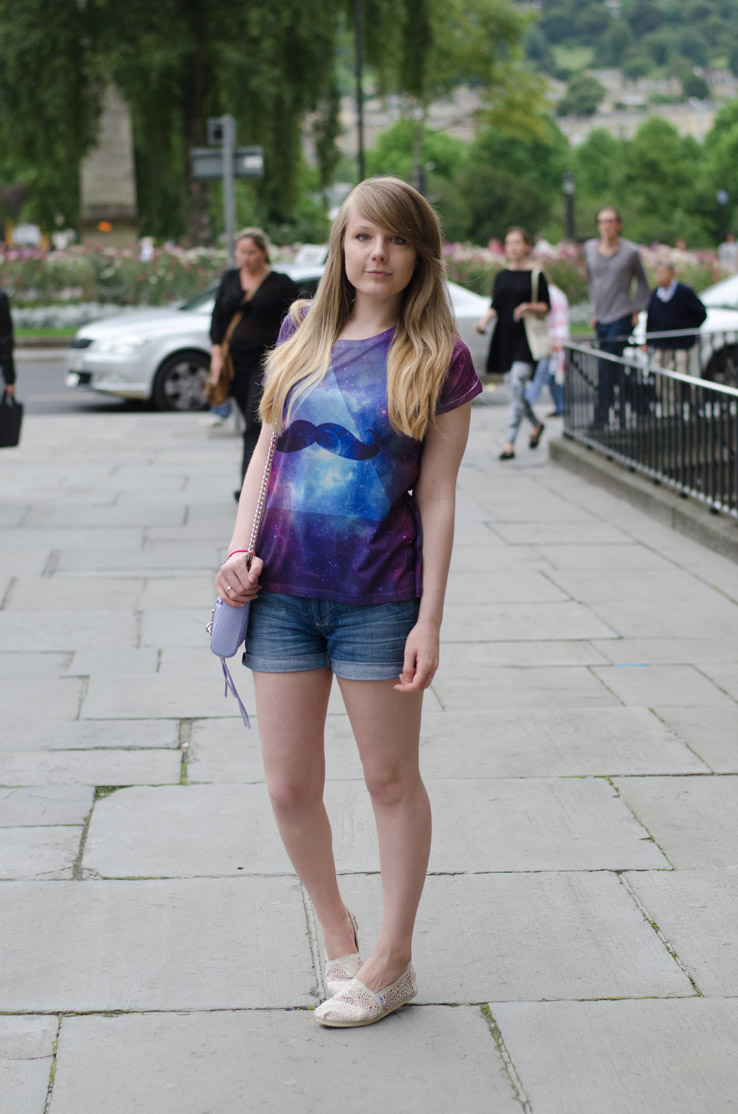 CHOIES Galaxy Print Top With Denim Shorts & TOMS | Raindrops of ...
