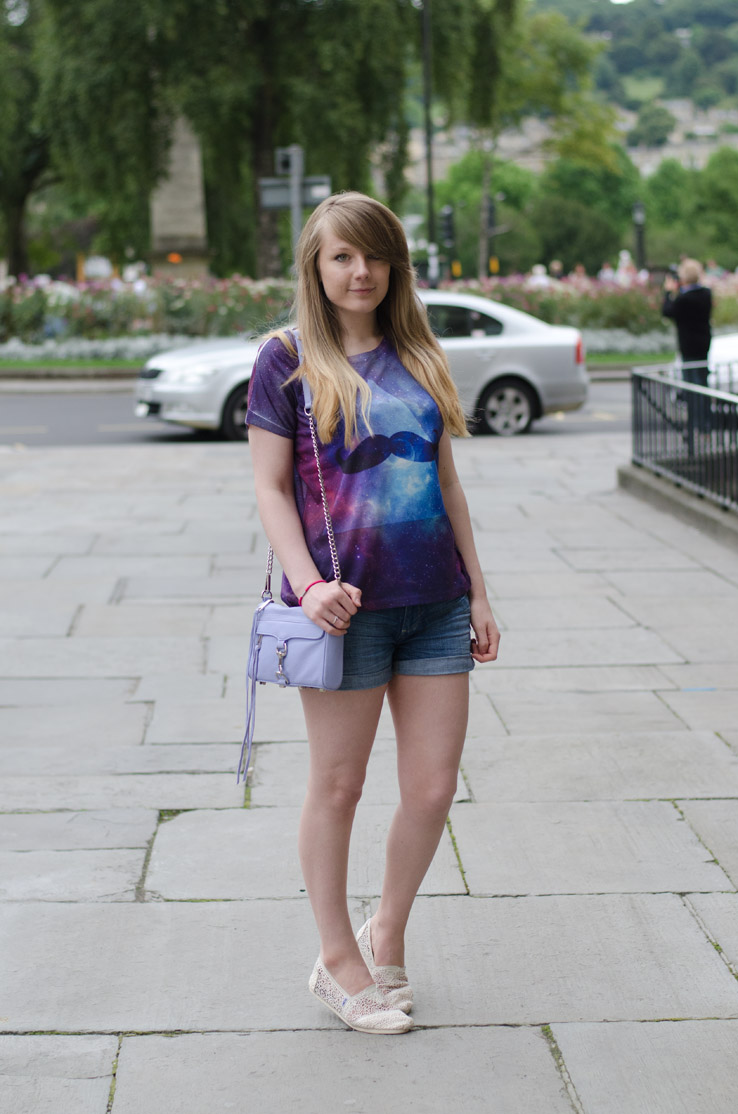 purple-t-shirt-denim-shorts