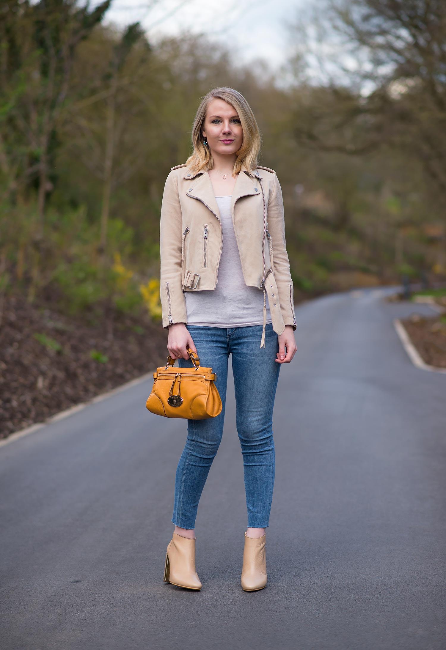 nude suede leather jacket outfit blogger