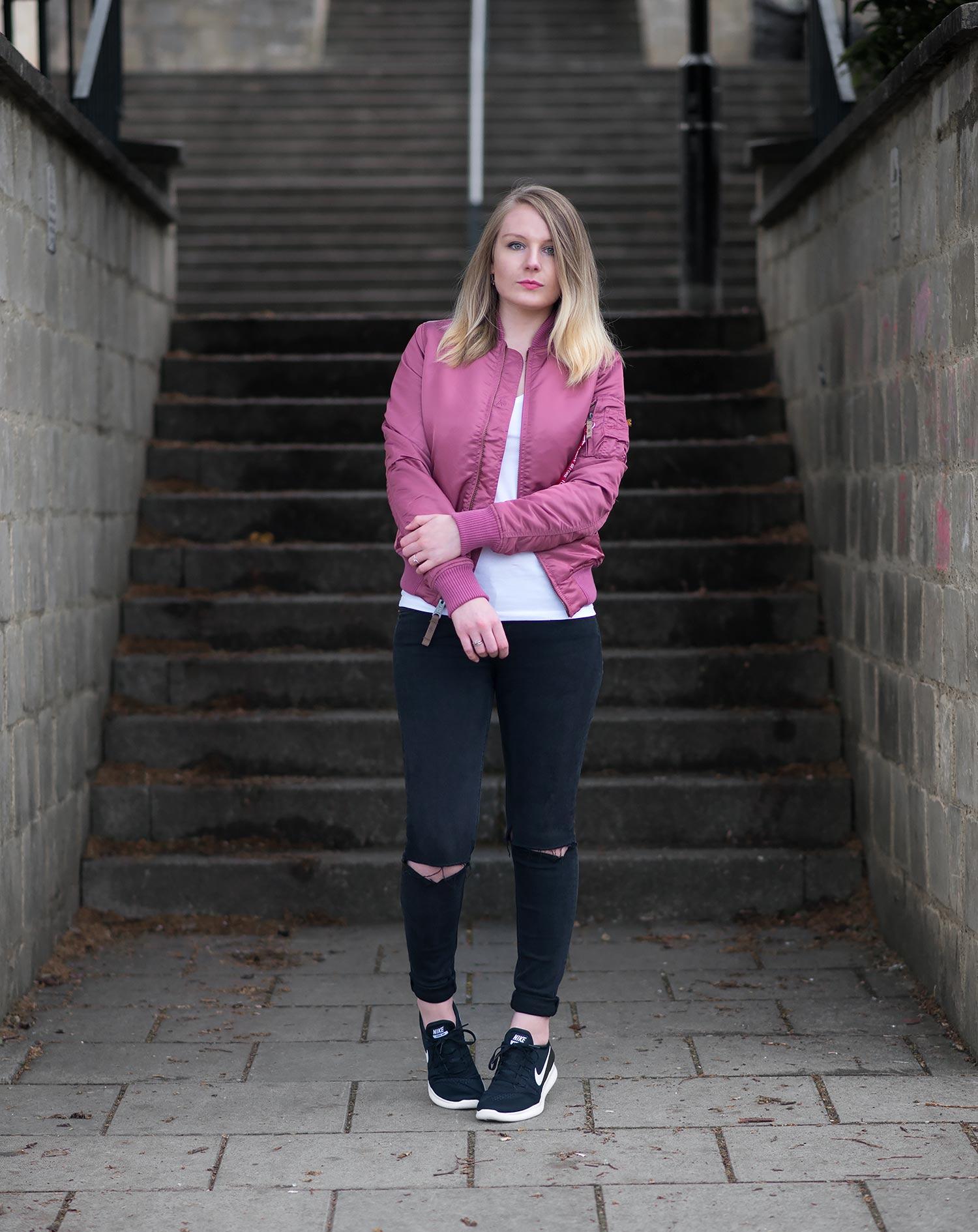 Alpha Industries Dusty Pink MA1 Bomber Jacket Review Outfit   FORD