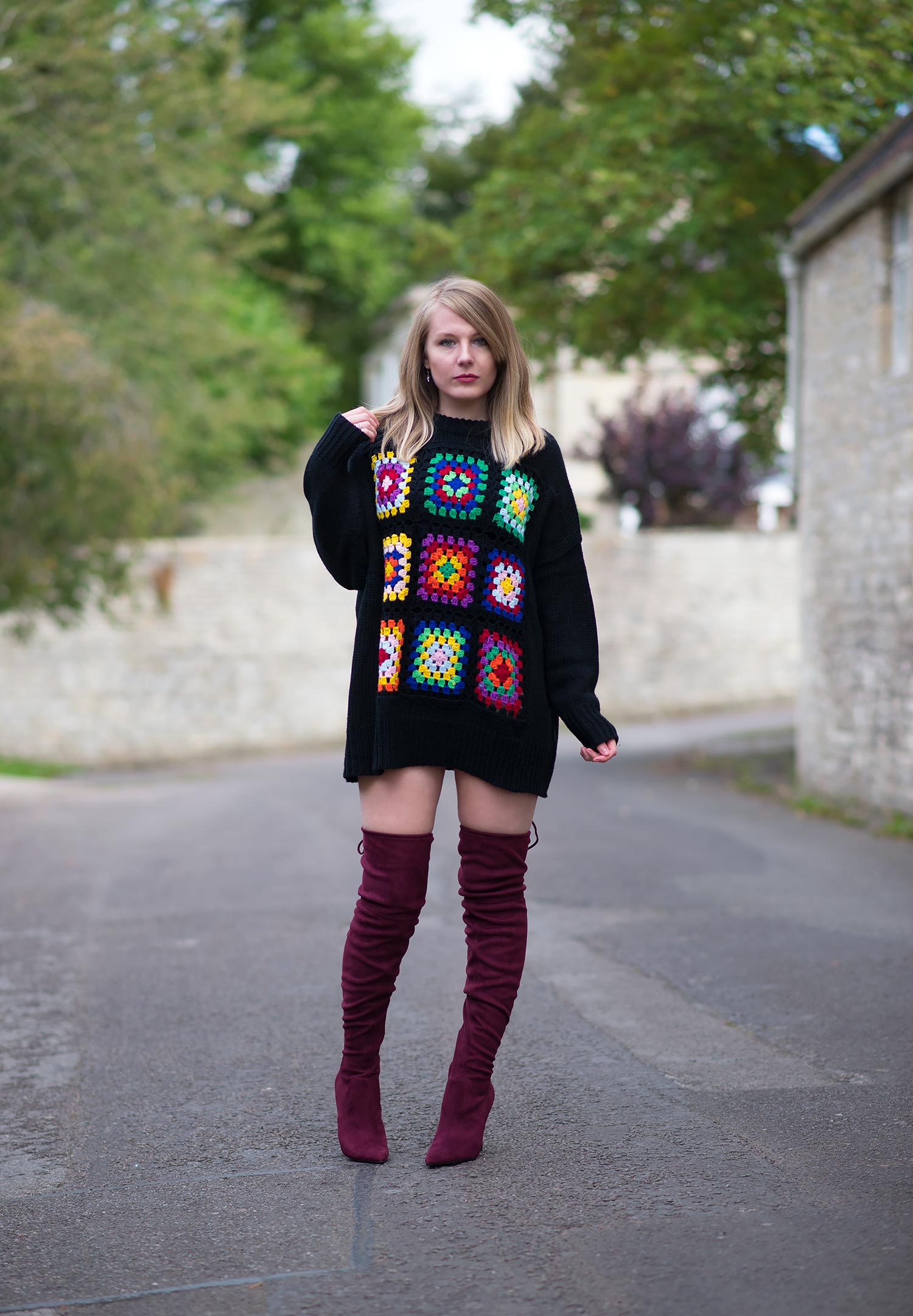 sweater dress and thigh high boots
