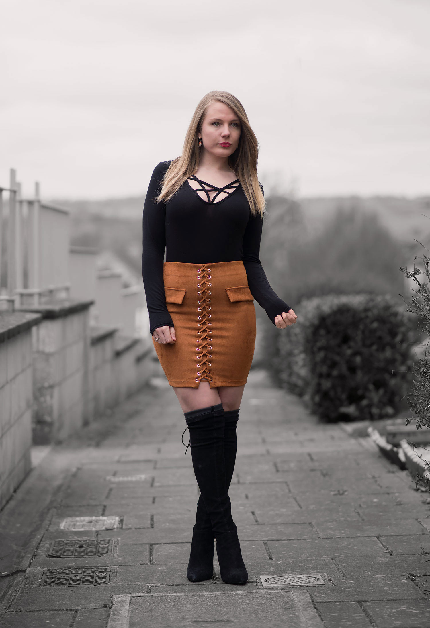 The Lace Up Skirt And Boots Outfit 