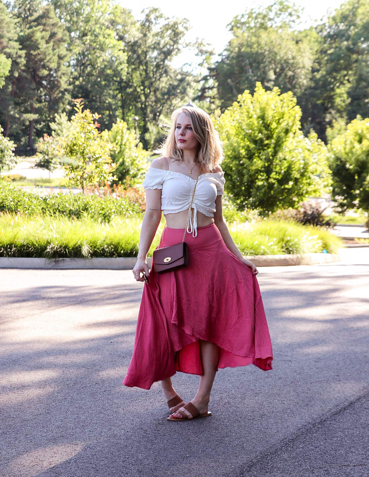 A Pink Maxi Skirt With A White Bardot Top - Raindrops of Sapphire